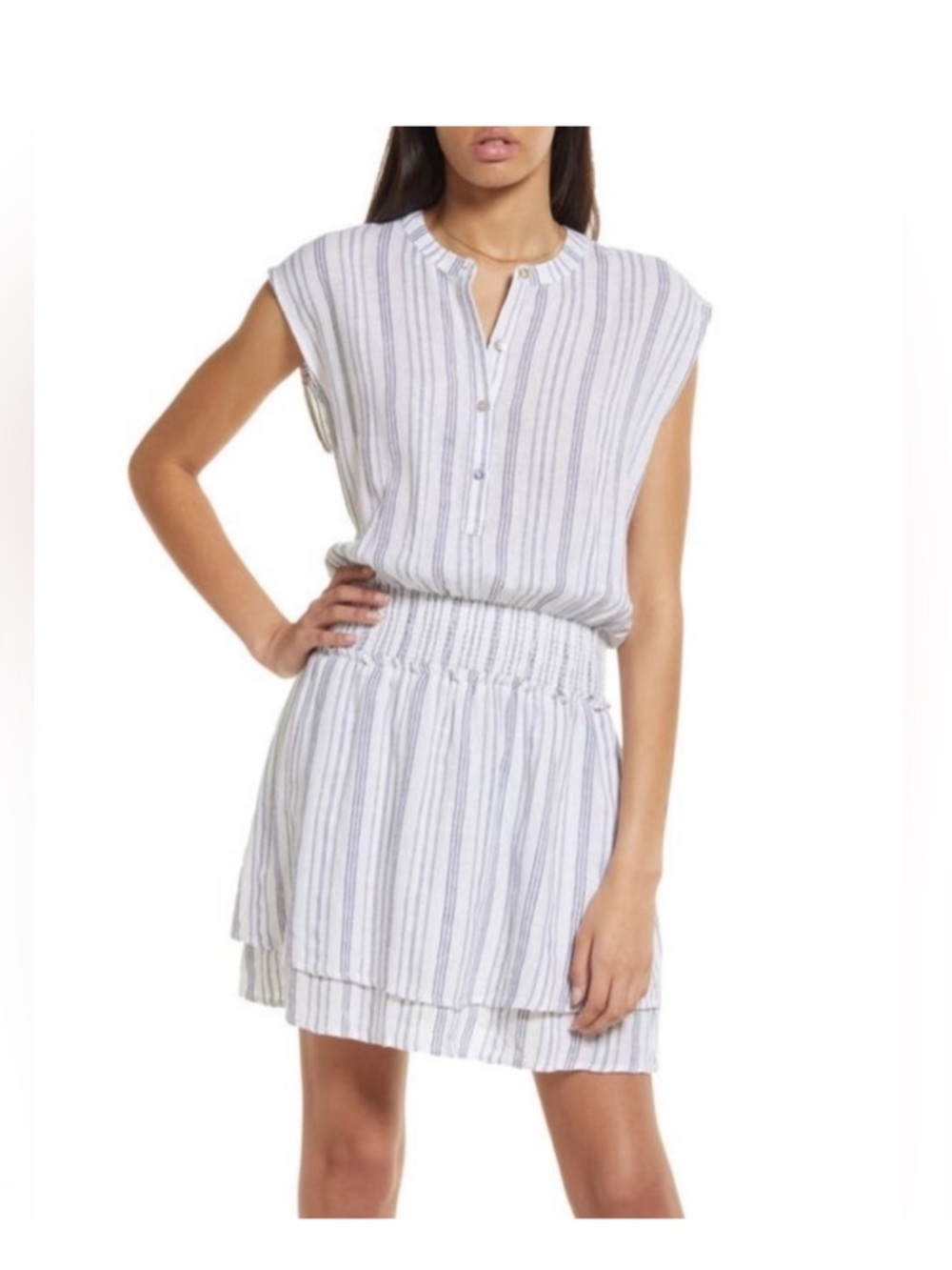 Rails Angelina White and Light Blue Striped Button-Up Linen Dress